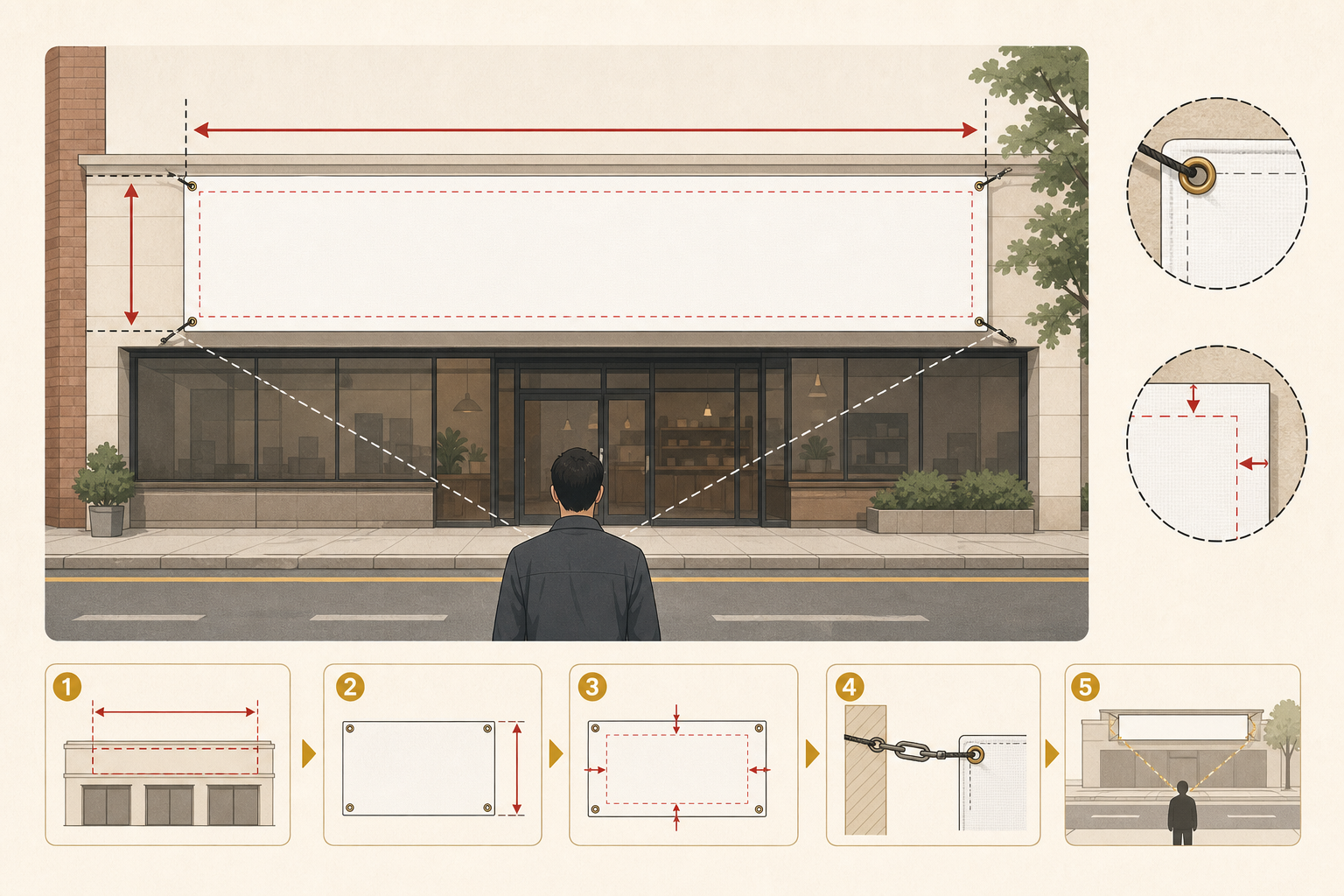매장 외벽 현수막의 가로세로 측정, 안전 여백과 타공 위치를 보여주는 그림